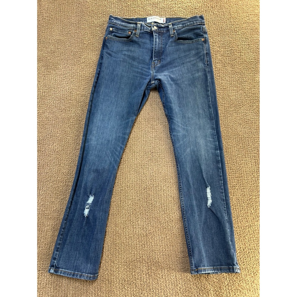 Levis 513 Slim Straight Jeans Mens 34x32 Medium Wash Blue Distressed Denim